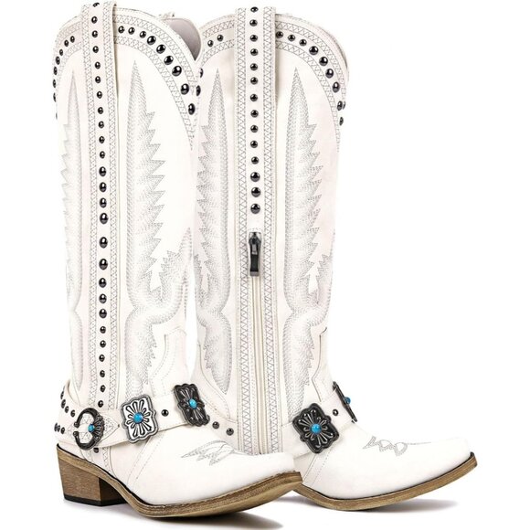 Shoes - Women's White Knee High Western Cowgirl Boots with Embroidery Belt Buckle